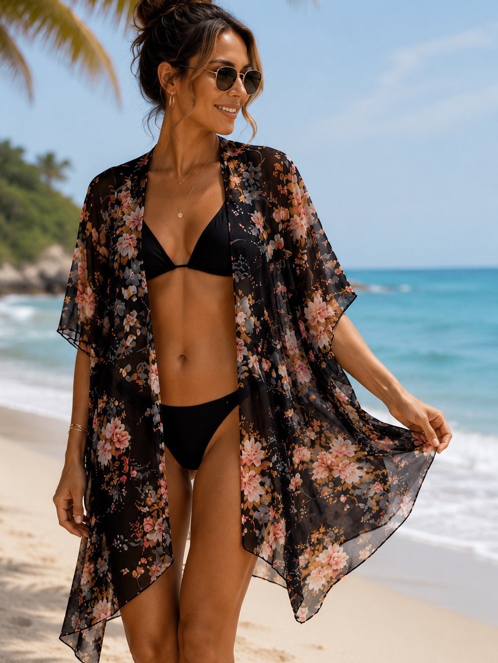 Black Floral Sheer Kimono Cover-Up